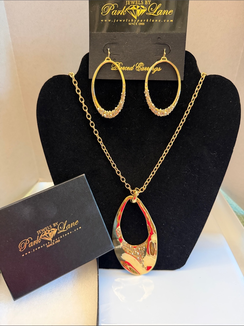 Park Lane Gold-tone Red Accent Pendant Necklace and Hoop Earrings Set